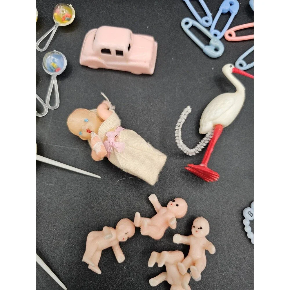 Baby Shower Cake Topper Lot Storks Plastic Diaper Pins Bottles Vtg Boy Or Girl